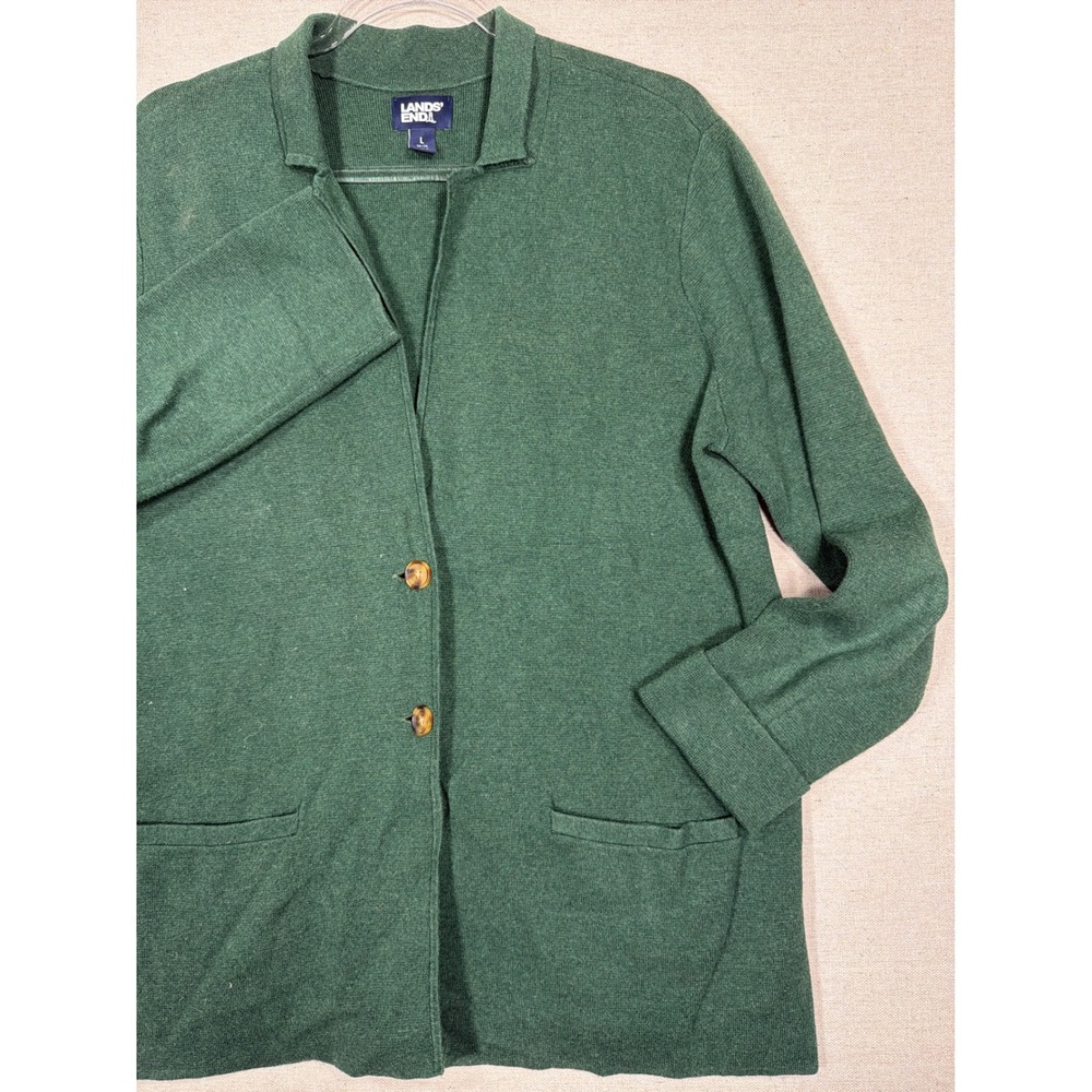 Lands End Womens Large Green Button Front Cardigan Sweater Knit Jacket Pockets